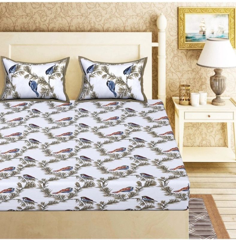 VIKANJALI FAB 104 TC Cotton Double Jaipuri Prints Flat Bedsheet  (Pack of 1, Blue, White)