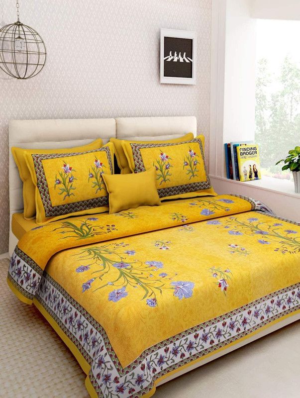 Aadhira Interio 220 TC Cotton Double Floral Flat Bedsheet  (Pack of 1, Yellow)