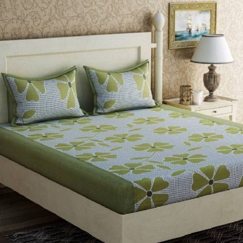 Geo Nature 144 TC Polycotton Double 3D Printed Fitted & Flat Bedsheet  (Pack of 1, Green)