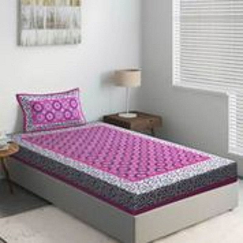 Design By Needle 144 TC Cotton Single Printed Flat Bedsheet  (Pack of 1, Pink)