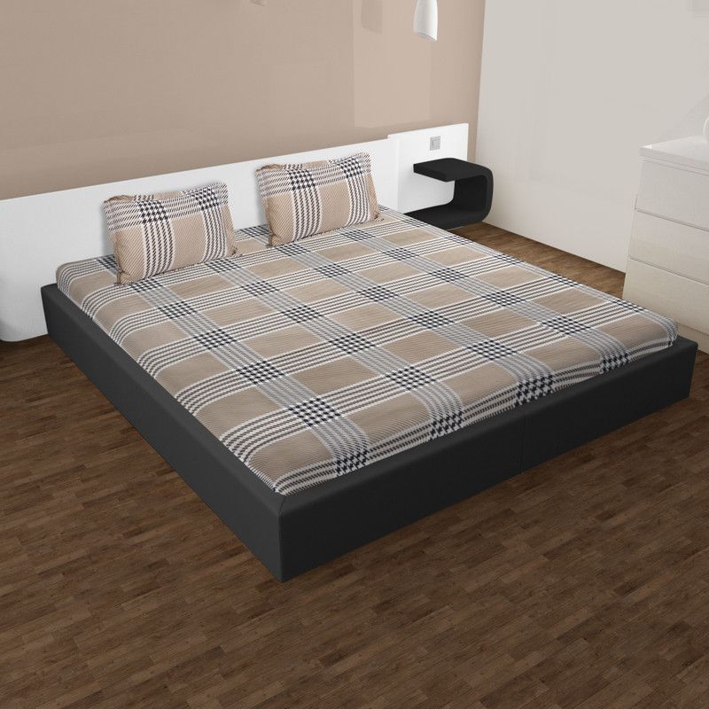 fabrivilla 220 TC Cotton Double Checkered Flat Bedsheet  (Pack of 1, Beige)