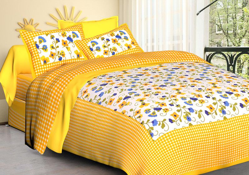 coyoteflicker 250 TC Cotton Double Jaipuri Prints Flat Bedsheet  (Pack of 1, Yellow)