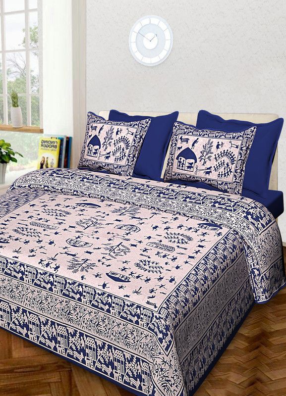 KRISTI COLLECTION 120 TC Cotton King Jaipuri Prints Flat Bedsheet  (Pack of 1, Blue)