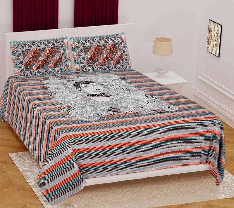 Sanganeri Mart 165 TC Cotton Double Jaipuri Prints Flat Bedsheet  (Pack of 1, Orange White Queen Mix)