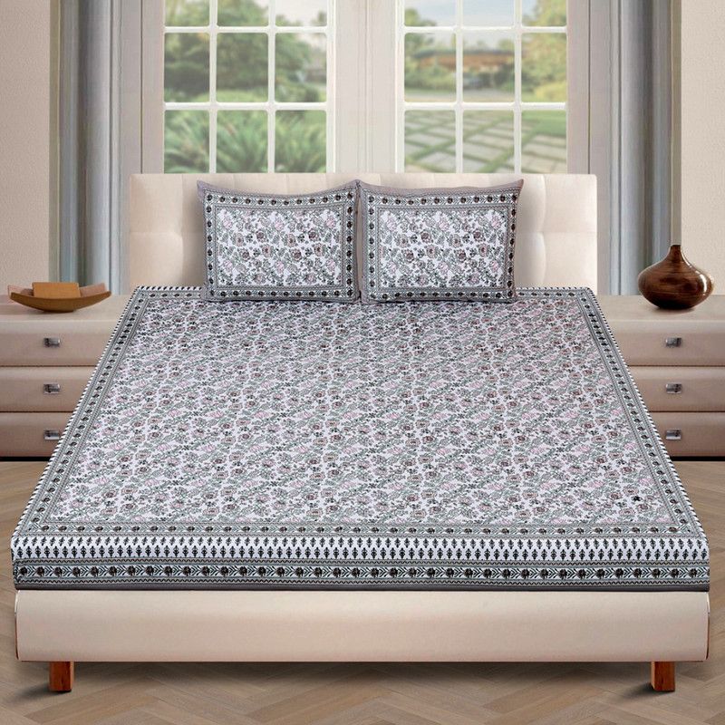 ROMEE 180 TC Cotton King Floral Flat Bedsheet  (Pack of 1, White & Pink, Green)