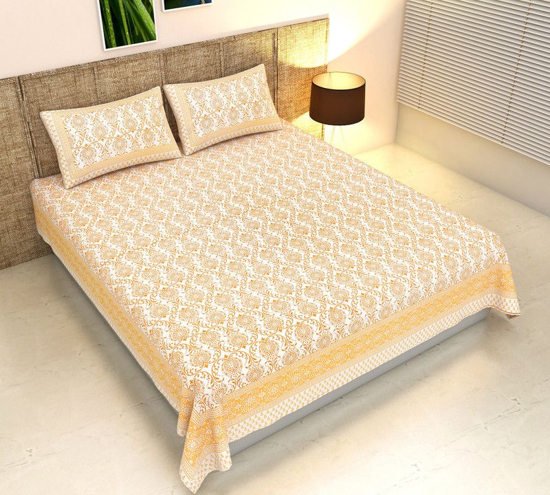 Butea Crape 124 TC Cotton King Jaipuri Prints Flat Bedsheet  (Pack of 1, Gold)