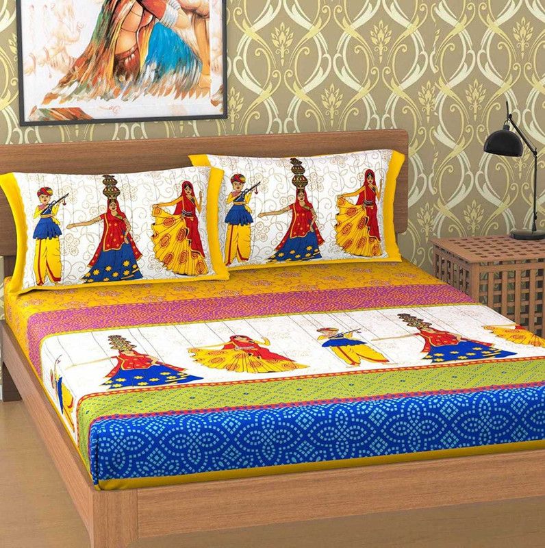 Eshopnix 600 TC Cotton Queen Printed Flat Bedsheet  (Pack of 1, Yellow)