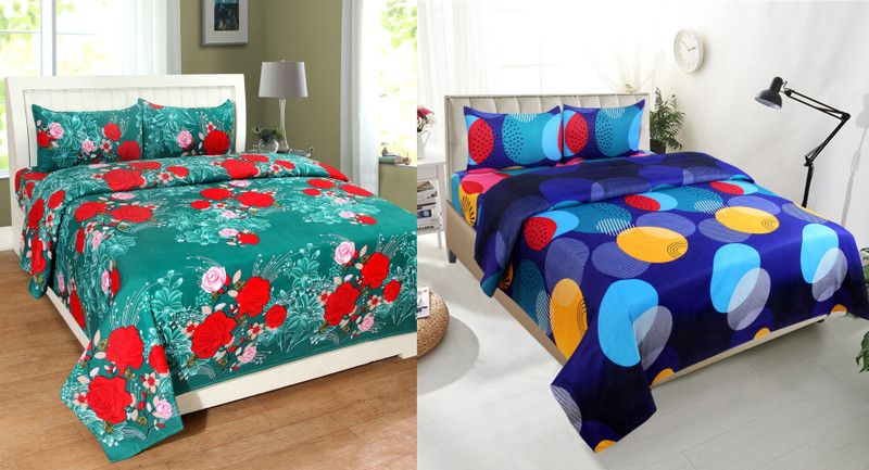 luxxybliss 250 TC Polycotton Double 3D Printed Flat Bedsheet  (Pack of 2, Multicolor)
