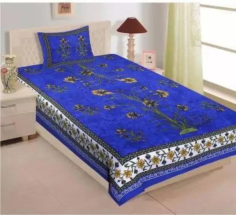 WellDone Fab 131 TC Cotton Single Jaipuri Prints Flat Bedsheet  (Pack of 1, Blue)
