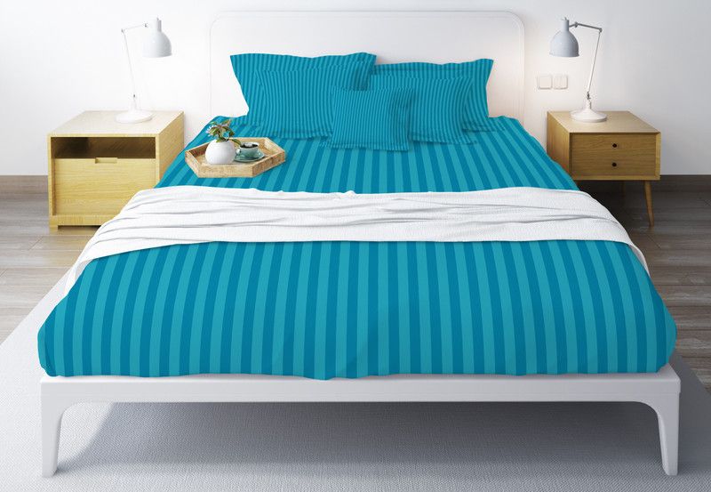 Sleep Nature's 300 TC Cotton Queen Striped Flat Bedsheet  (Pack of 1, Turquoise Blue)