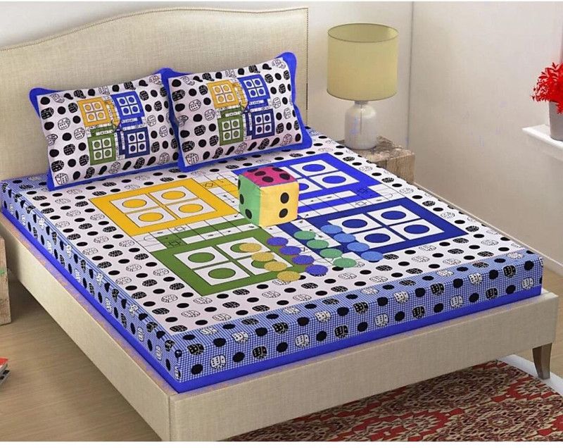 VIHANA LIFESTYL 144 TC Cotton Queen Printed Flat Bedsheet  (Pack of 1, Blue)