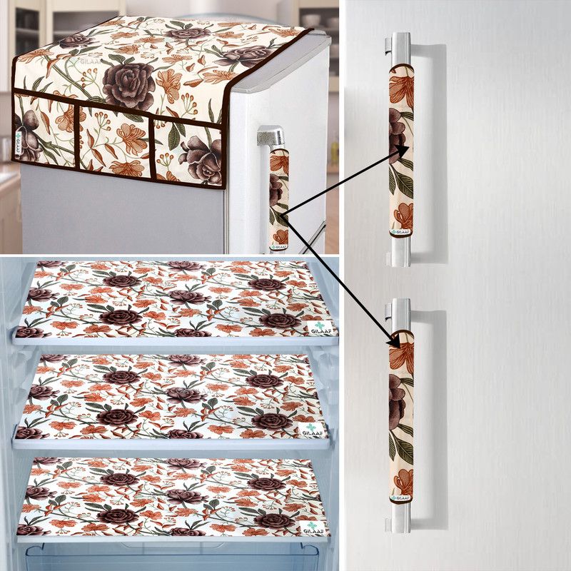 GILAAF Refrigerator Cover  (Width: 53 cm, Lenth-99cm) 2Pc Handle Cover and 3Pc Fridge Mat) (Brown Floral, Set of-6Pcs)