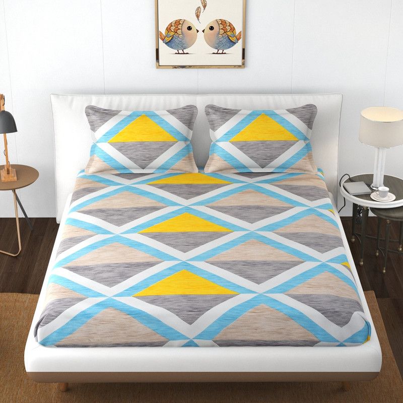 PRINCE HANDLOOM 125 TC Polycotton Double Printed Flat Bedsheet  (Pack of 1, Grey, Yellow)