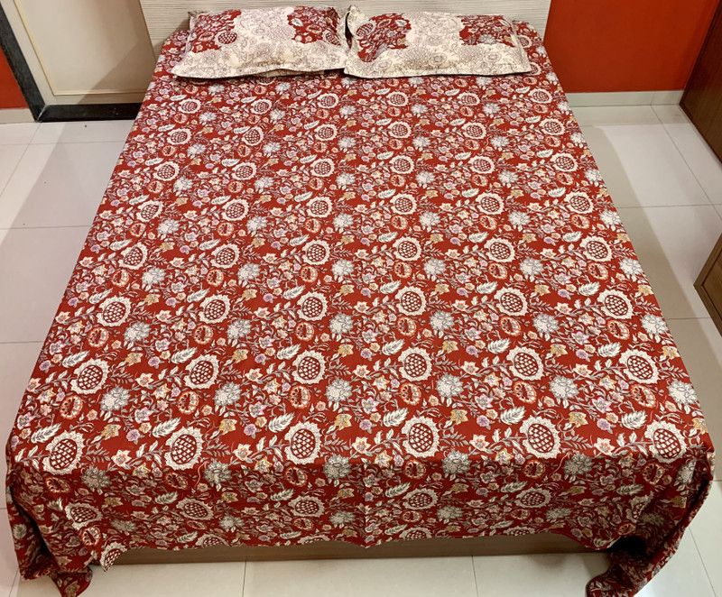 AnuMoh 350 TC Cotton King Jaipuri Prints Flat Bedsheet  (Pack of 1, Marron, Grey & Other)