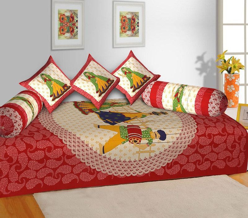 WebDealz Cotton Abstract Diwan Set  (Red)