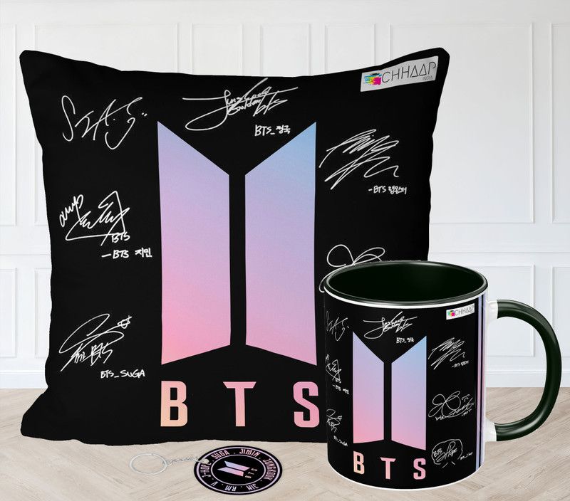 NH10 DESIGNS BTS Printed Cushion (12x12), Cup, Keychain For Girls Boys Friends -BTSCMK3TM14 Microfibre Solid Cushion Pack of 1  (Black)