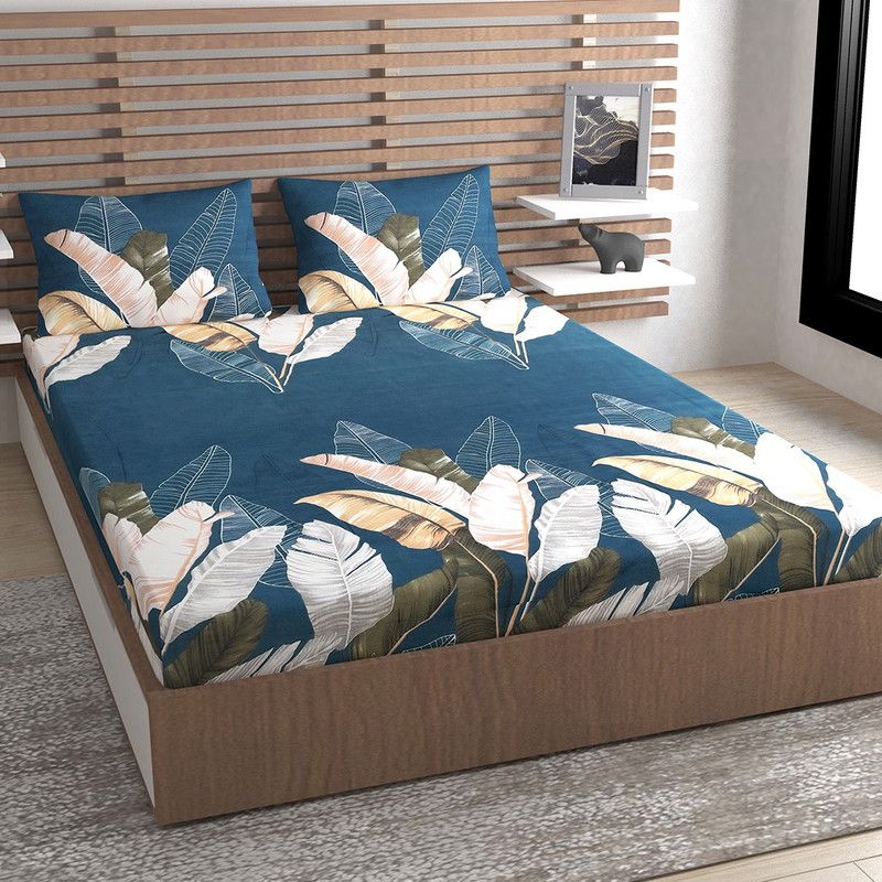 METRO LIVING 140 TC Microfiber Double Printed Flat Bedsheet  (Pack of 1, Blue)