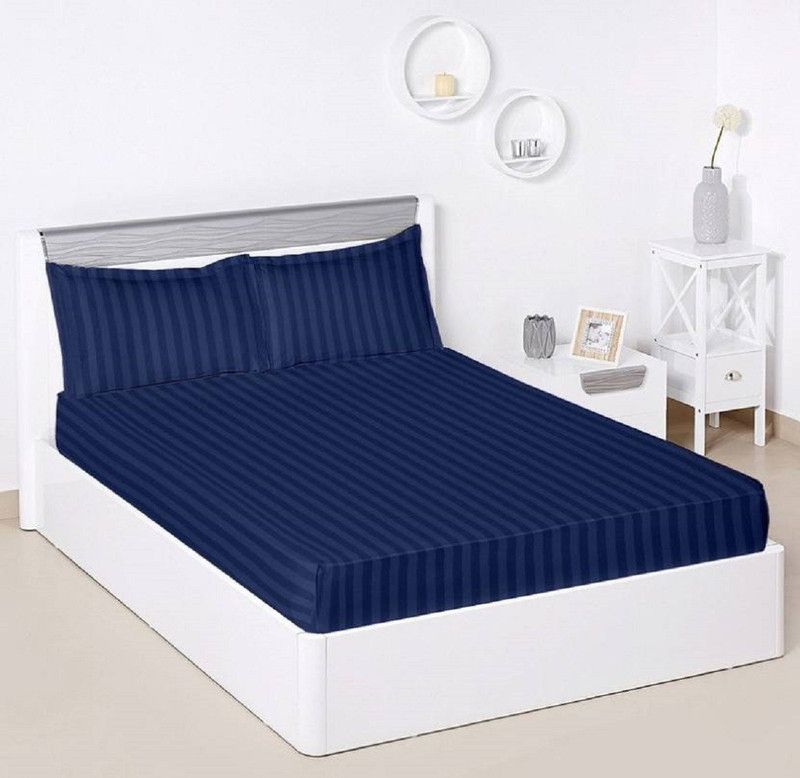 LINENWALAS 310 TC Cotton King Striped Fitted (Elastic) Bedsheet  (Pack of 1, Prussian Blue)