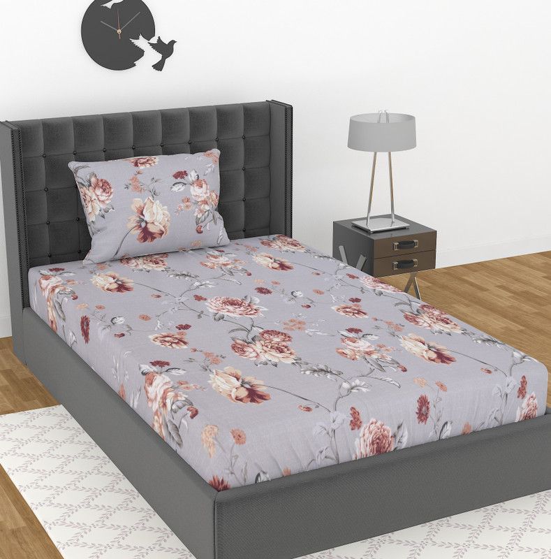 MERYSKY 180 TC Cotton Single Printed Flat Bedsheet  (Pack of 1, Grey)