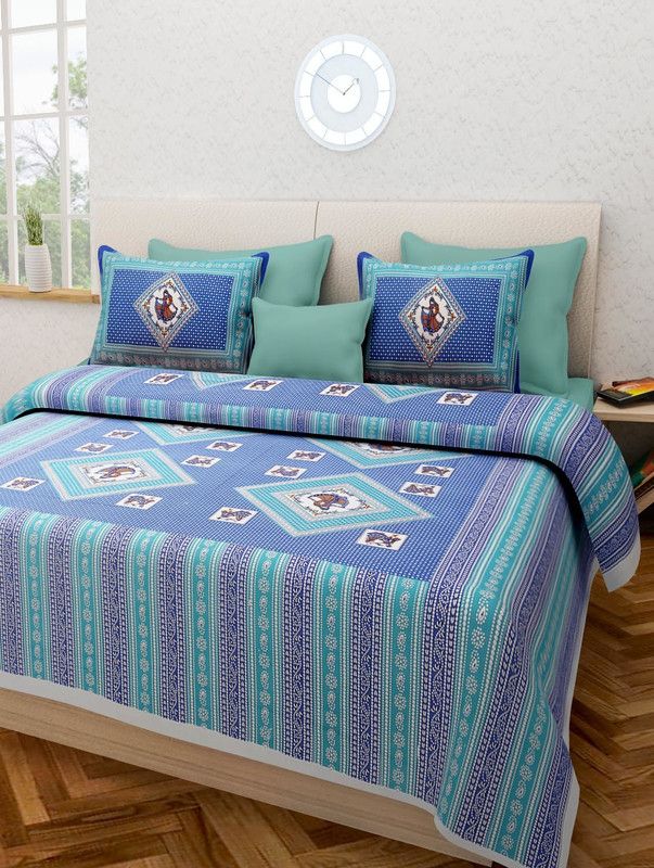 shek fashion 144 TC Cotton Double Printed Flat Bedsheet  (Pack of 1, Blue)
