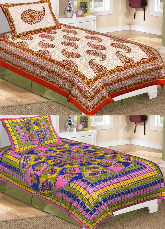METRO LIVING 104 TC Cotton Single Printed Flat Bedsheet  (Pack of 2, Multicolor)