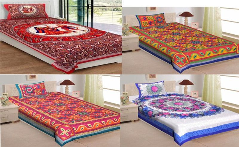 Anupama 104 TC Cotton Single Printed Flat Bedsheet  (Pack of 4, Multicolor)