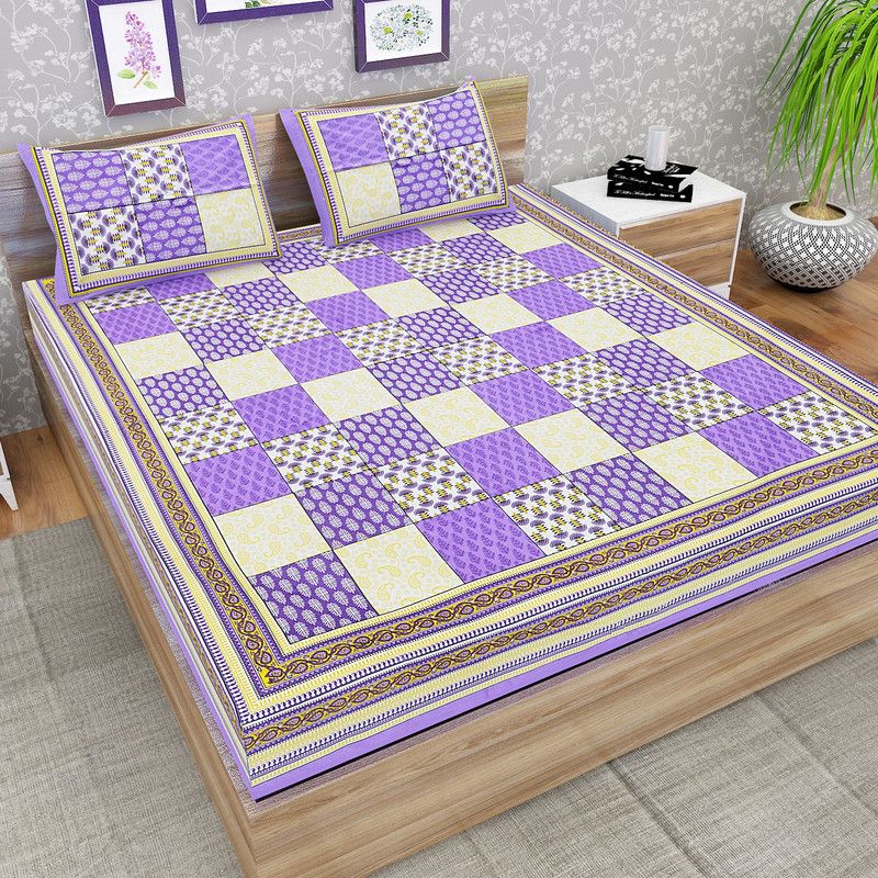 RKALFI 0 TC Cotton Double Printed Flat Bedsheet  (Pack of 1, Purple, White)