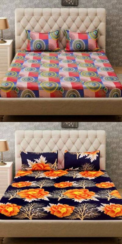 Home Expert 104 TC Polycotton Double 3D Printed Flat Bedsheet  (Pack of 2, Multicolor)