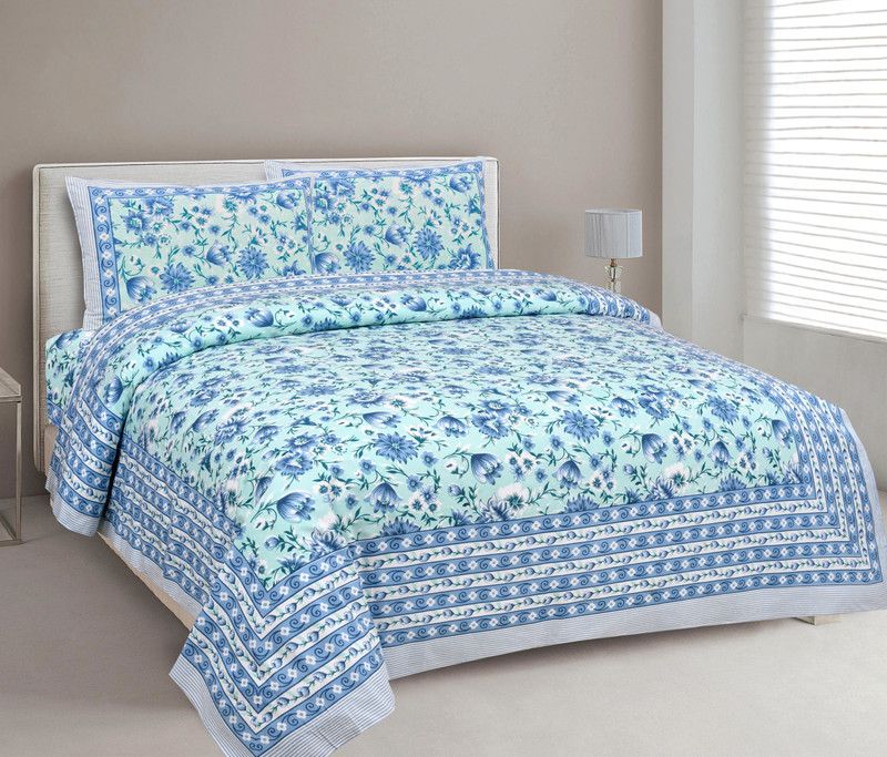urban jaipur 250 TC Cotton Double Jaipuri Prints Flat Bedsheet  (Pack of 1, Aqua Blue)