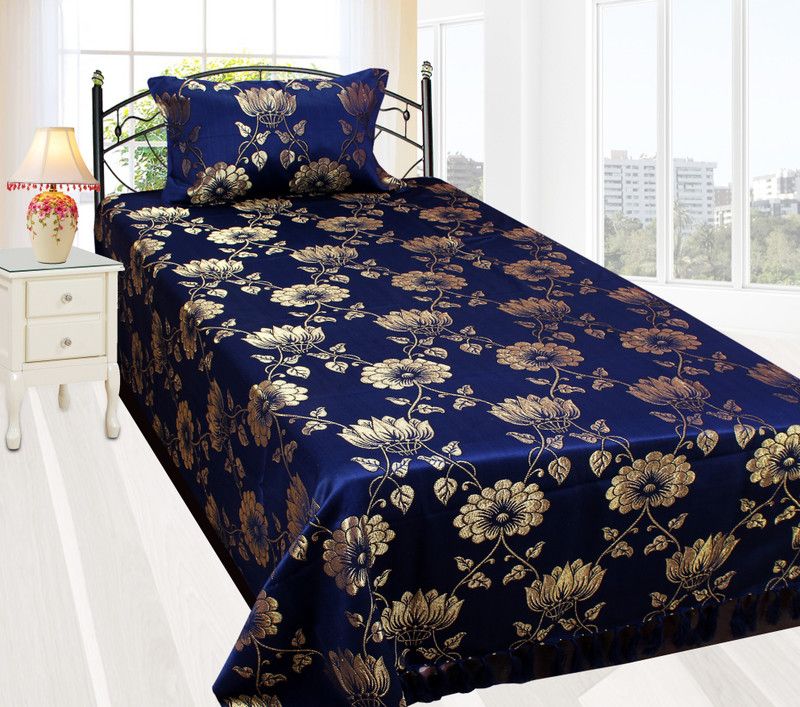 Milan 94 TC Polycotton, Silk Single Floral Flat Bedsheet  (Pack of 1, Gold, Blue)