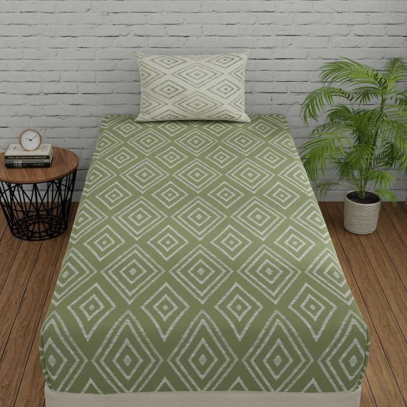 Huesland 144 TC Cotton Single Geometric Flat Bedsheet  (Pack of 1, Sage Green & White)