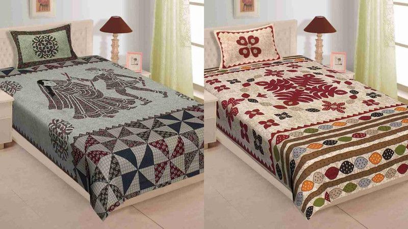 PVB 180 TC Cotton Single Printed Flat Bedsheet  (Pack of 2, GREEN&BEIGE)