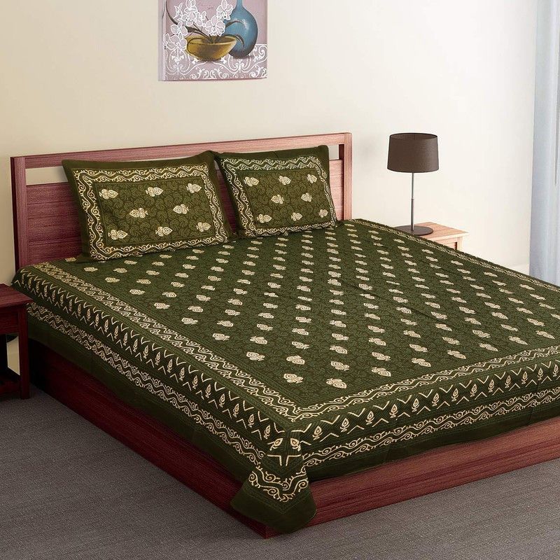 aachu homes 250 TC Cotton Double Jaipuri Prints Flat Bedsheet  (Pack of 1, Olive Green)
