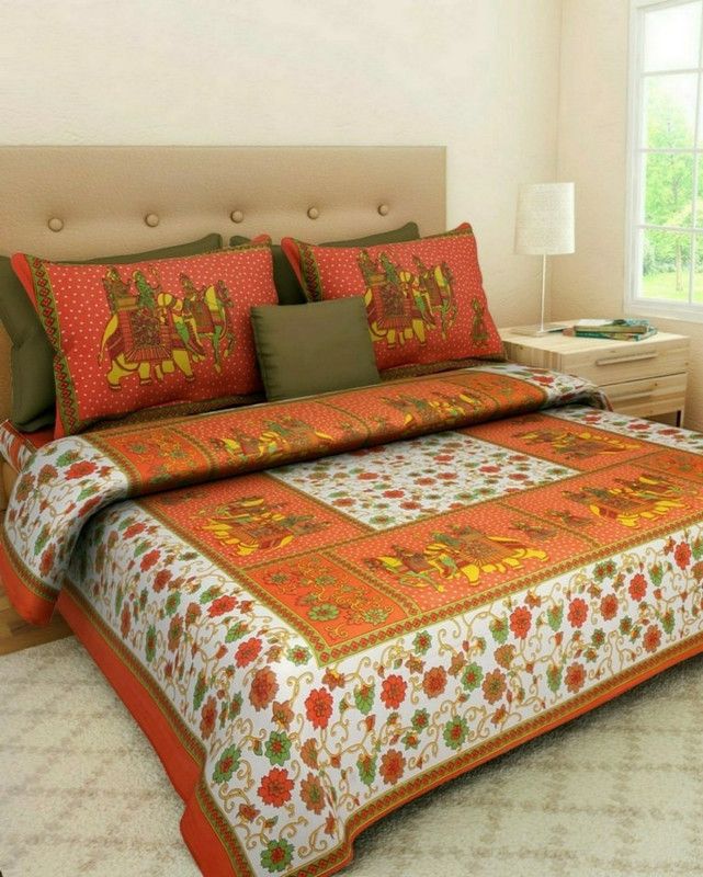 peace way 228 TC Cotton Double Jaipuri Prints Flat Bedsheet  (Pack of 1, Orange, White, Red)