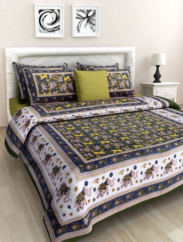 FrionKandy 200 TC Cotton Double Animal Flat Bedsheet  (Pack of 1, Dark Green)