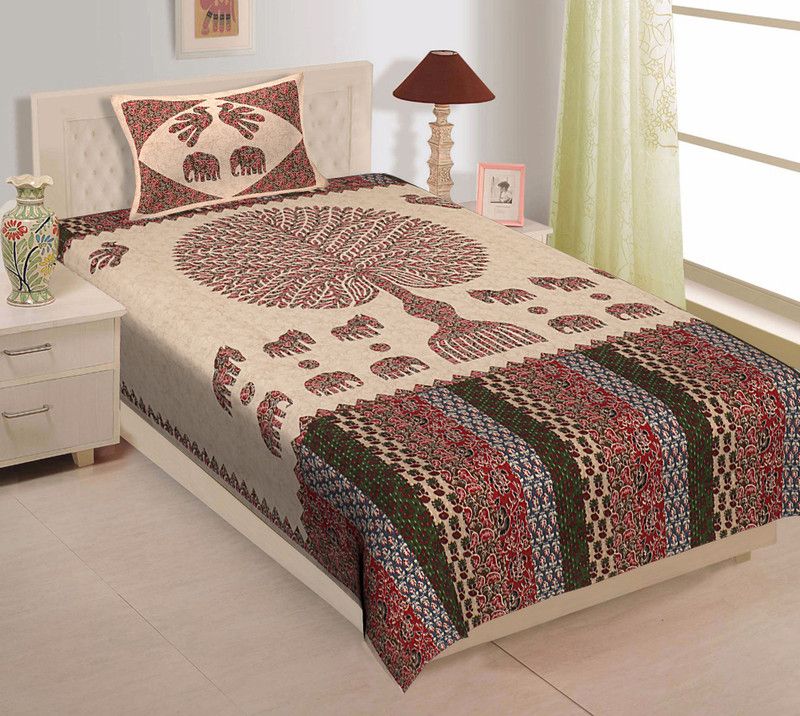Home@shop 160 TC Cotton Single Printed Flat Bedsheet  (Pack of 1, Green)