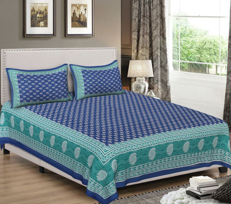 the stock room 150 TC Cotton Double Jaipuri Prints Flat Bedsheet  (Pack of 1, Blue)