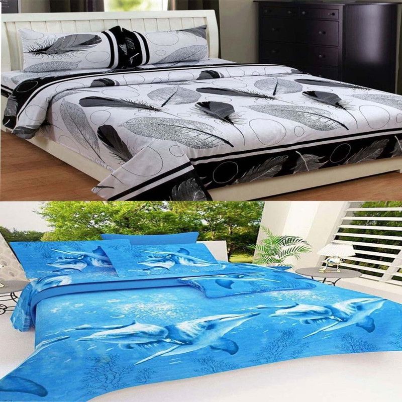 HHH FAB 150 TC Polycotton Double Abstract Flat Bedsheet  (Pack of 2, White)