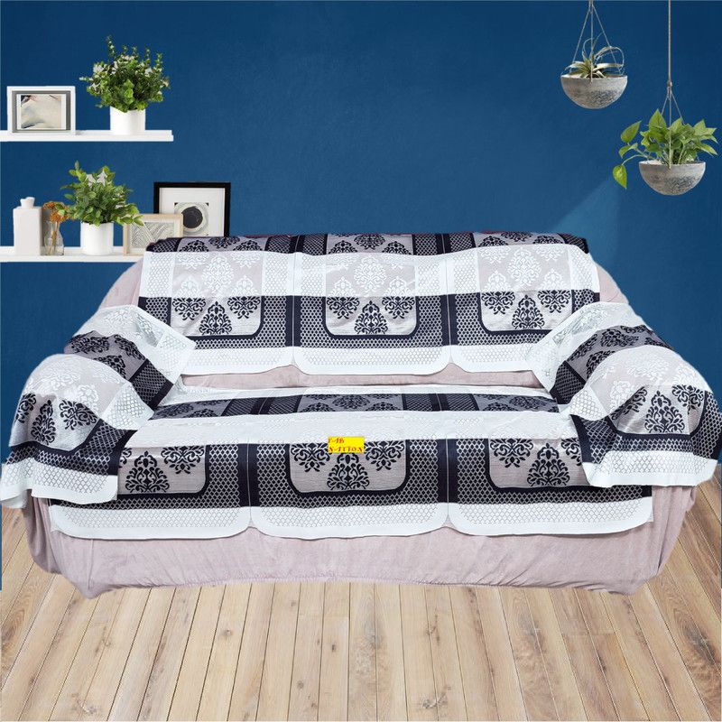 FAB NATION Polyester, Polycotton, Cotton Floral, Abstract, Checkered, Damask Sofa Cover  (Solid Black, Pristine White Pack of 8)