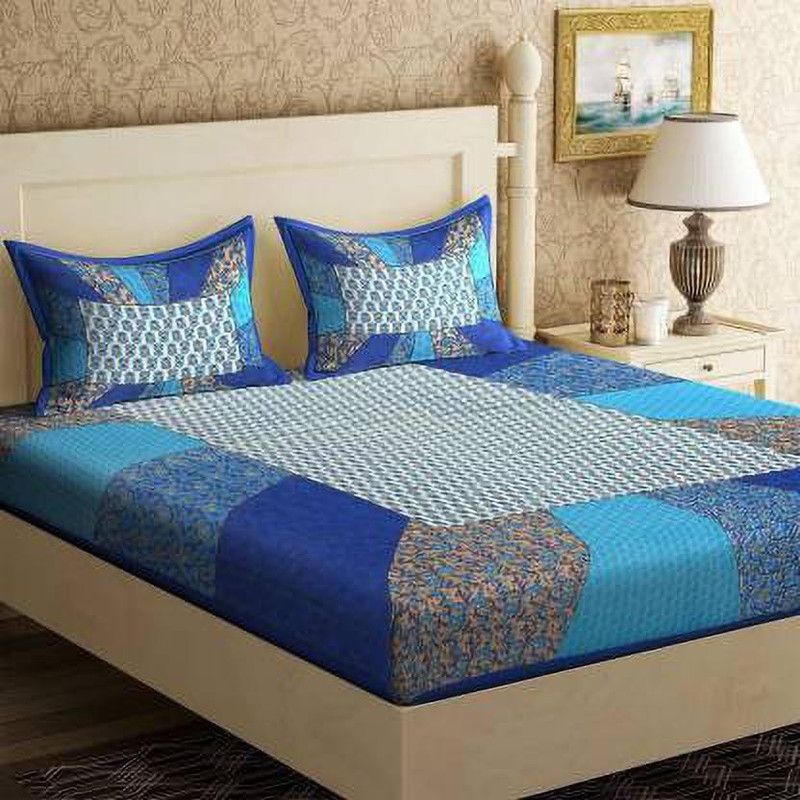 GOYAL GROUP 126 TC Cotton King Jaipuri Prints Flat Bedsheet  (Pack of 1, Blue Color Full)