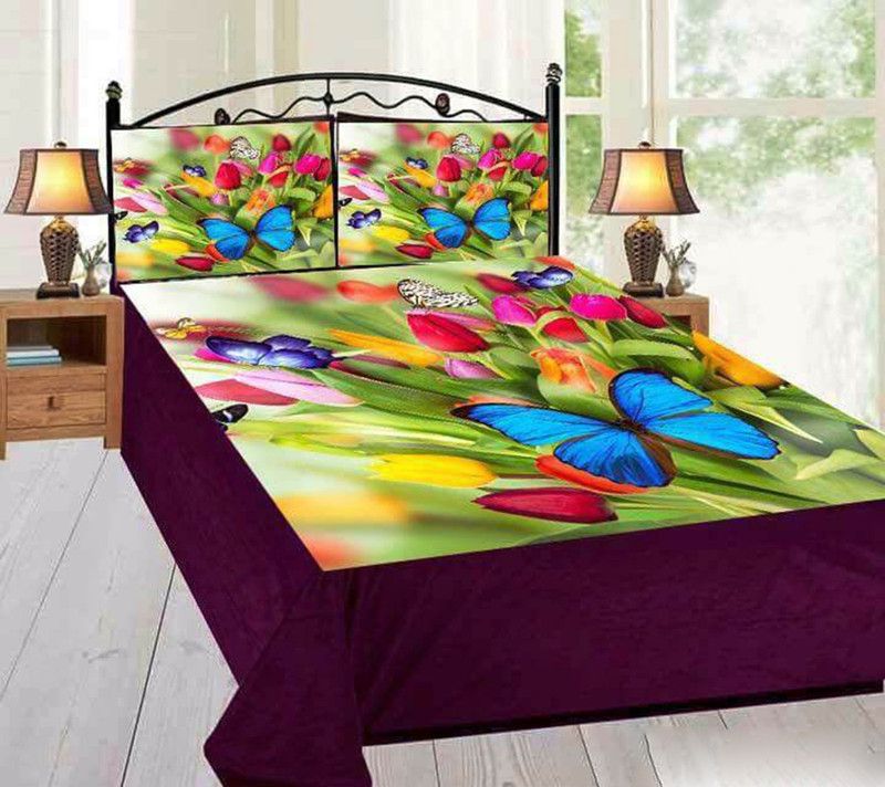 Bhatia Home Decors 300 TC Velvet Queen Animal Flat Bedsheet  (Pack of 1, Green Butterfly)