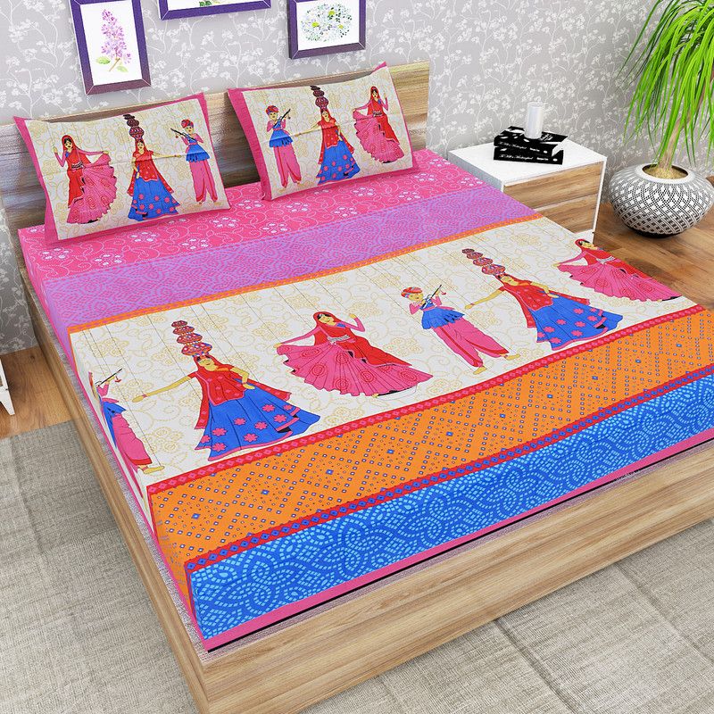 E ELMA 151 TC Cotton Double Jaipuri Prints Flat Bedsheet  (Pack of 1, Multicolor)