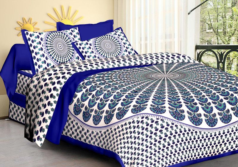 VIHANA LIFESTYL 144 TC Cotton Double Jaipuri Prints Flat Bedsheet  (Pack of 1, Blue)