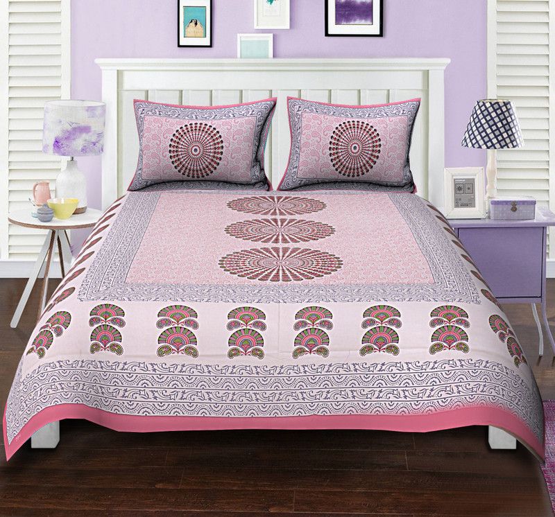 SHOPROLI 210 TC Cotton King Printed Flat Bedsheet  (Pack of 1, Pink)