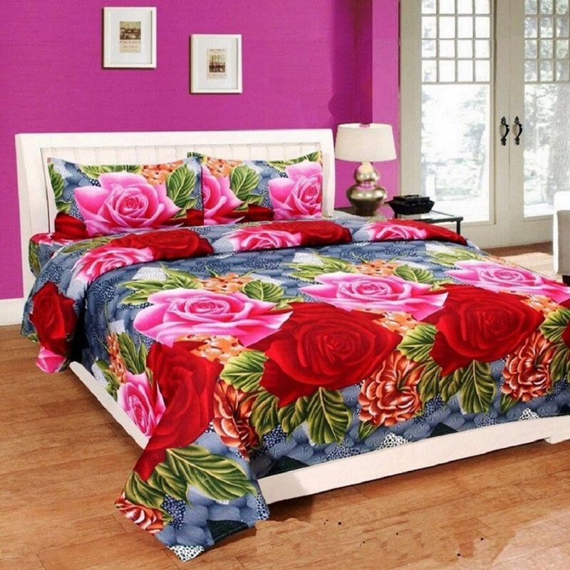 Crotontend 144 TC Polycotton Double Printed Flat Bedsheet  (Pack of 1, Green, Red)