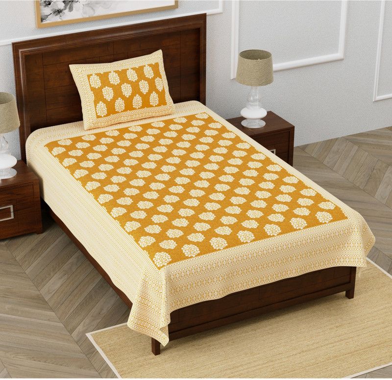 Fabroli 240 TC Cotton Single Jaipuri Prints Flat Bedsheet  (Pack of 1, Yellow)