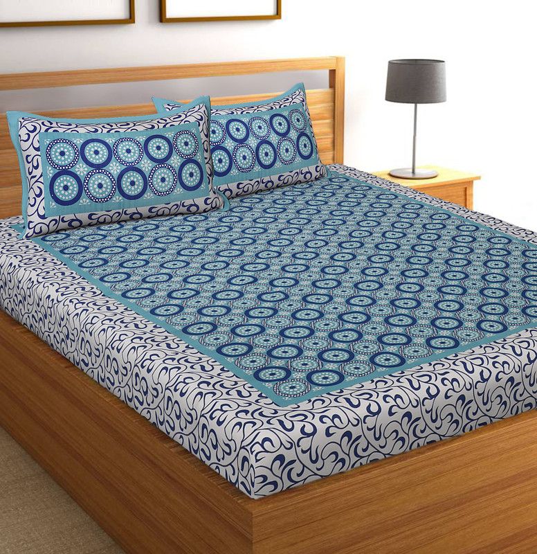 shorya textile 144 TC Cotton Double Printed Flat Bedsheet  (Pack of 1, Blue)