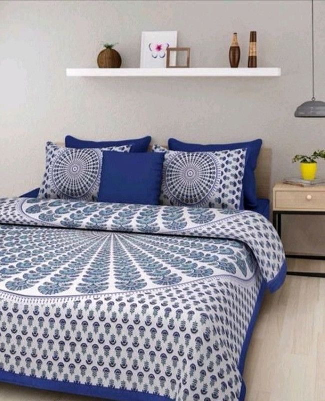 144 TC Cotton Double Abstract Bedsheet  (Pack of 3, Blue)