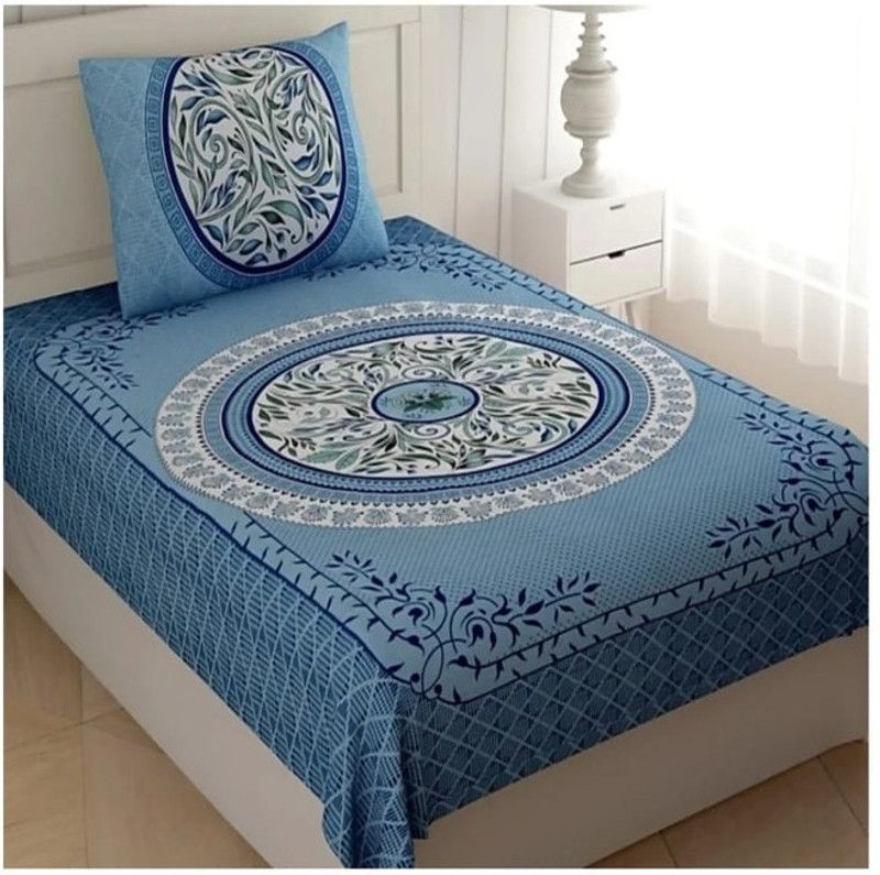 VASTRA VILLA 155 TC Cotton Single Printed Flat Bedsheet  (Pack of 1, Blue)