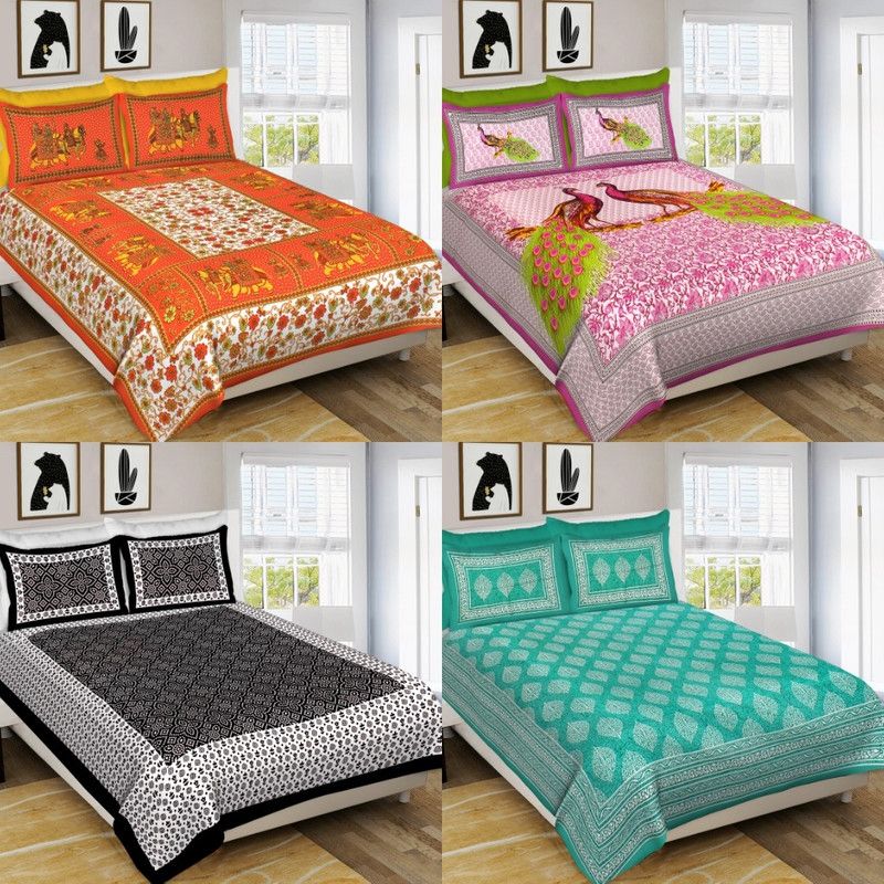 MSKS 144 TC Cotton Double Printed Flat Bedsheet  (Pack of 4, Multicolor)